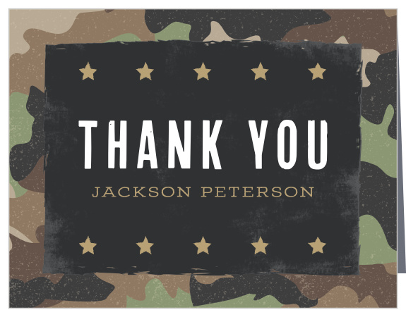 Express your deep gratitude with the "hiding in plain sight" design of our Camo Party Children's Birthday Party Thank You Cards. Bold, military-style print spells out the simplicity of your appreciation, while plenty of space is reserved inside for personalizing each message to each guest. 