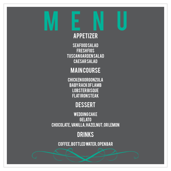 Our Scrolls and Scallops wedding menu with its distinctive swash at square shape matching the rest of the Scrolls and Scallops invitation suite perfectly.