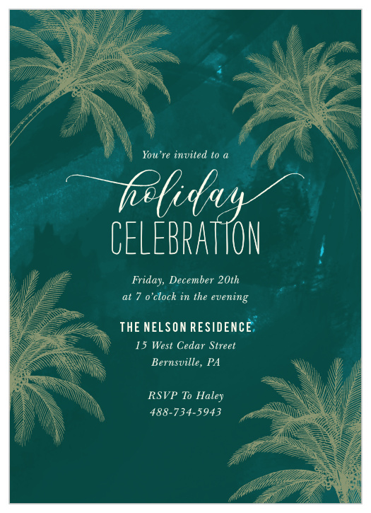 Our Palm Tree Wishes Holiday Party Invitations are perfect for those who live in warm destinations or will be throwing a party in one!