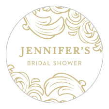 Seal envelopes and decorate stationery with the fashionably matching style of our Prince Charming Bridal Shower Stickers. Elegant swirls extend from the top and bottom of each sticker in various shades of gold, highlighting your own name and the purpose of the occasion. With intricate elements and neat typography that offers a classic look, these stickers also serve as little mementos of your big celebration.