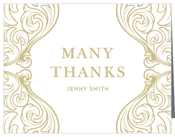 Prince Charming Bridal Shower Thank You Cards help you say everything you could ever need to. Intricate embellishments surround your kind words on either side, swirling patterns that draw your guests' attention inward to the neat lettering that makes up your message and name. With plenty of space inside to personalize each card to each guest, these lovely cards are a fantastic addition to your after-party preparations.