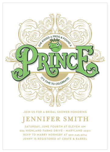 Celebrate your marriage to the handsome partner of your dreams with our Prince Charming Bridal Shower Invitations.