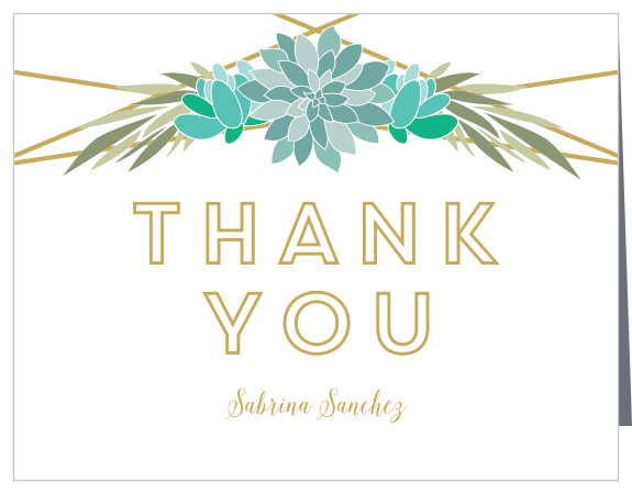 Express your appreciation with the stunning style of our Modern Succulents Bridal Shower Thank You Cards. Succulents bloom along the top of the page, their teal coloring a gorgeous complement to the pseudo-gold frame they hang from. With elegant lettering reserved for your message, a subtle calligraphy used for your name, and plenty of room inside to personalize each card to each guest, these lovely cards are the perfect pick for your party preparations.