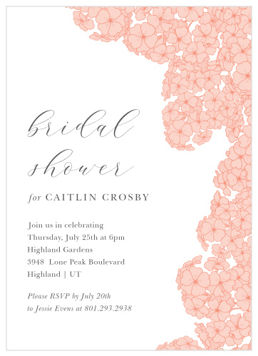 Beautiful flowers burst from the edges of our Hydrangea Blooms Bridal Shower Invitations.