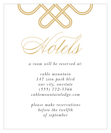 Keep your guests comfortable in the days and nights surrounding your wedding with our beautifully arranged Irish Knot Accommodation Cards. An intricate, looping design tops the page as an illustration of a traditional Celtic knot, shining just as brightly as your carefully calligraphed title. With each word of your local recommendation written in a neat black print for guaranteed legibility, you can be sure that your friends and family are well taken care of.