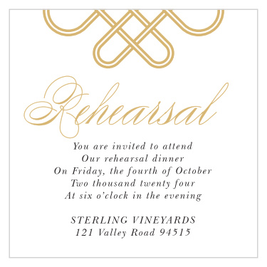 Gather your closest friends and family together with the lovely styling of our Irish Knot Rehearsal Cards. A partial Celtic knot tops the page, a shining gold-foil symbol to represent your bond with your partner before a carefully calligraphed title spells out the purpose of the card. With a neat, classic-black print for sharing the important details of your dinner, these cards are a lovely addition to your wedding planning.