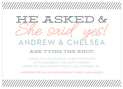 He asked and she said yes! Celebrate the happy couple with our Happy Couple Bridal Shower Invitations.