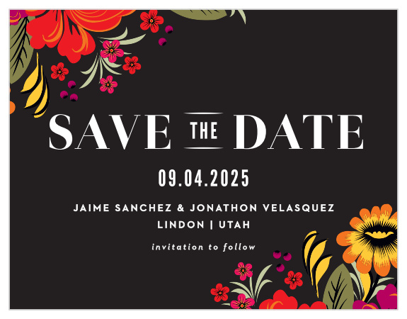 Turn your wedding day into the most anticipated event of the year with the vibrant colors of our Spanish Florals Save-the-Date Magnets. Bright flowers bloom from opposing corners, growing diagonally inward to the elegant typography sharing the details of your wedding day. With each word written in brilliant white to contrast the midnight-black behind, you can be sure that your guests have all of the information they need to attend your big day.