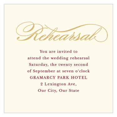 Bring family and friends together the night before your wedding to practice with our Simple Scroll Rehearsal Cards.