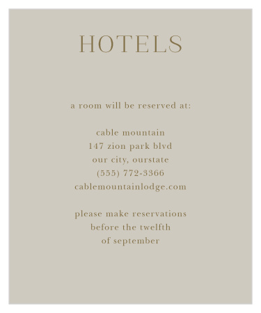 Guarantee that your friends and family are comfortable in the days surrounding your wedding with the simple style of our Fairytale Leaves Accommodation Cards. Old-gold print spells out every detail of your recommendation against the dark beige background, ensuring that each character of your delicate lettering is as easy to read as the last.
