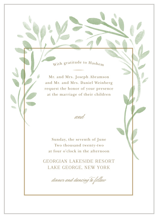 Like something directly out of a fairytale, our Fairytale Leaves Wedding Invitations are a fantastical representation of the growth of your love for your partner. Two vines sprout from the midway point of the frame around your text, growing steadily upward to only just touch at the top. Neat typography spells out every important detail of your wedding day in successive lines of wood-colored text, while the carefully calligraphed final line invites them to spend more time celebrating with you.