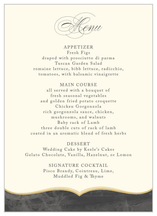 Give your guests the details of your delectable reception dinner with our Dark Fairytale Wedding Menus!