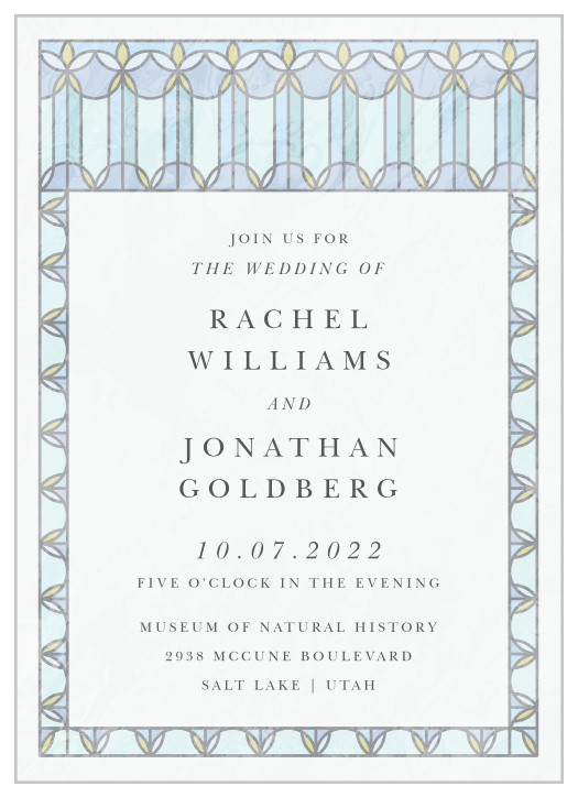 A beautiful geometric construction of colorful glass adorns our Stained Glass Wedding Invitations.