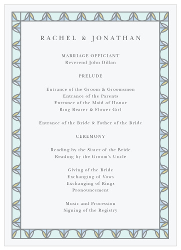 Our Stained Glass Wedding Programs feature the same gorgeous stained glass design as many of the other items in this wedding package.