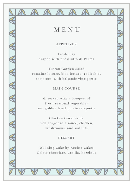 Let your guests know what they'll be dining on with our Stained Glass Wedding Menus! 