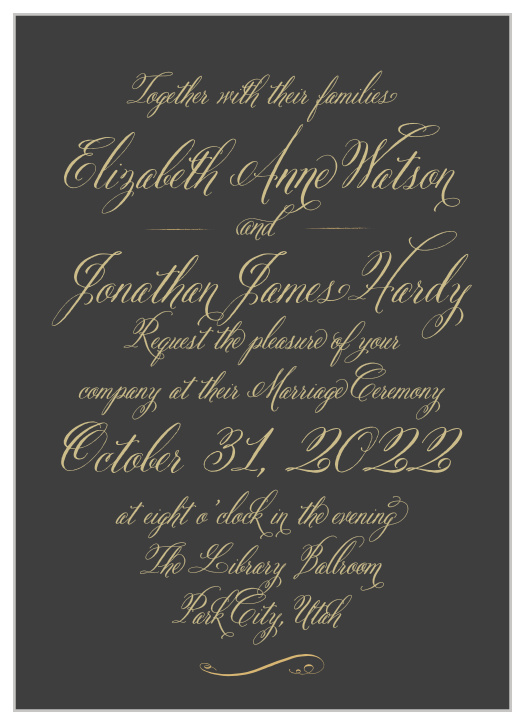 Gold, vintage calligraphy contrasts against a stormy gray background to create our Gothic Script Wedding Invitations.