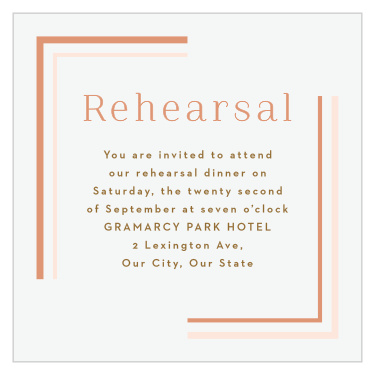 Let your loved ones know to attend your pre-wedding celebrations by including our Clean Lines Rehearsal Cards in your suites!