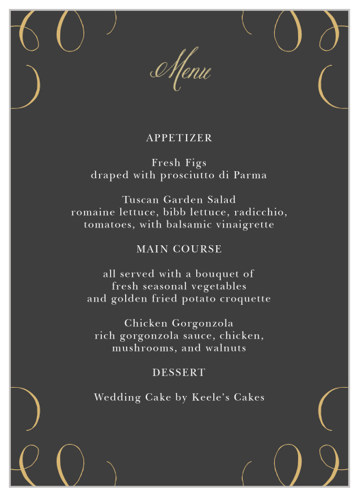 Gold, vintage calligraphy contrasts against a stormy gray background to create our Gothic Script Wedding Menus.