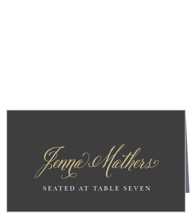 Gold, vintage calligraphy contrasts against a stormy gray background to create our Gothic Script Place Cards.