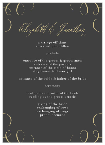 Gold, vintage calligraphy contrasts against a stormy gray background to create our Gothic Script Wedding Programs.
