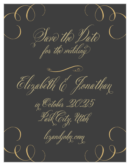 Gold, vintage calligraphy contrasts against a stormy gray background to create our Gothic Script Save-the-Date Magnets.