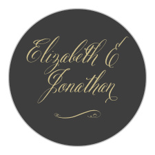 Gold, vintage calligraphy contrasts against a stormy gray background to create our Gothic Script Wedding Stickers.
