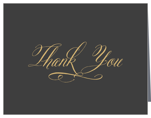 Gold, vintage calligraphy contrasts against a stormy gray background to create our Gothic Script Wedding Thank You Cards.