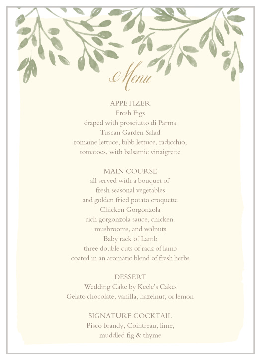 Highlight the delicious details of your wedding reception dinner with our Vines & Leaves Wedding Menus!