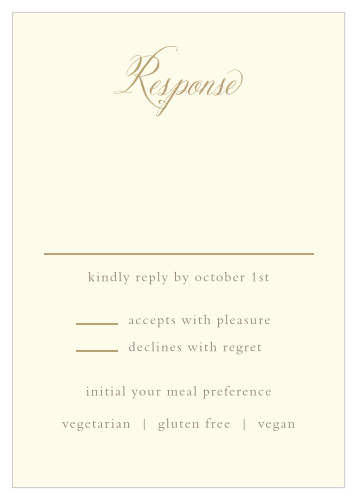 Our simple Vines & Leaves Wedding Response Cards feature a cream-colored background with beautiful gold and grey text.