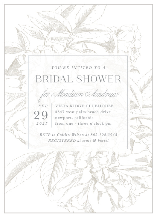 A sketch of peonies adorns the background of the Pretty Peonies Bridal Shower Invitations.