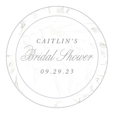 A vintage sketch of peonies adorns the background of the Pretty Peonies Bridal Shower Stickers.