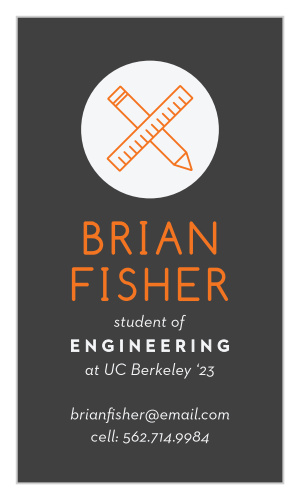 To properly represent your own skill set and interests, our Engineering Student Business Cards are all hard lines, outlined illustrations, and clear, clean-cut text. Featuring a French-gray background to complement the vibrant orange of your own name and contrast the sheer white of your contact details, these cards guarantee that your clients have everything they need to enjoy doing business with you.