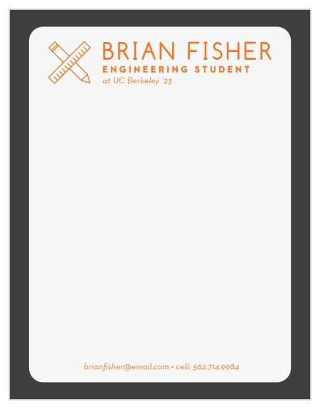 Make every piece of correspondence as memorable as your personal interactions with the lovely style of our Engineering Student Business Stationery. Vibrant orange text fills the page, standing sharply against the white center and providing every contact detail that your clients need. With a dark-gray border to provide a sleek, professional appearance, your clients can be sure that each page is as good as your word.