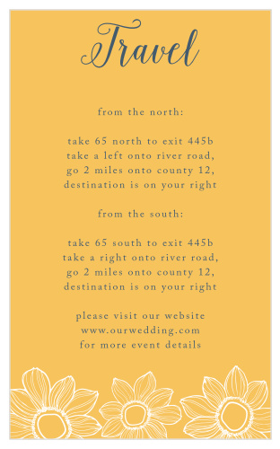 Guide your guests past every twist and turn on the way to the wedding venue of your dreams with our stunning Sunflower Nuptials Direction Cards.