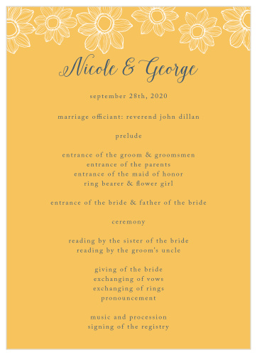 Everyone wants to know what's going on on your big wedding night, so keep them in the loop with your Sunflower Nuptials Wedding Programs! 