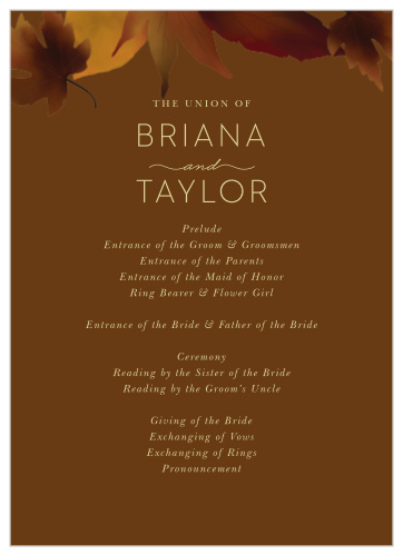 Help your guests follow along as you take each step down the aisle with our Fall Leaves Wedding Programs.