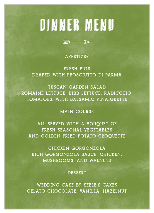 These Woodsy Mountain Wedding Menus have a beautiful, deep green background, keeping in line with the forest theme of this wedding invitation package. 