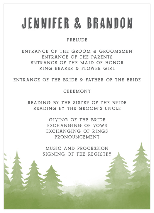 Beautifully watercolored pine trees line the bottom of our Woodsy Mountain Wedding Programs!