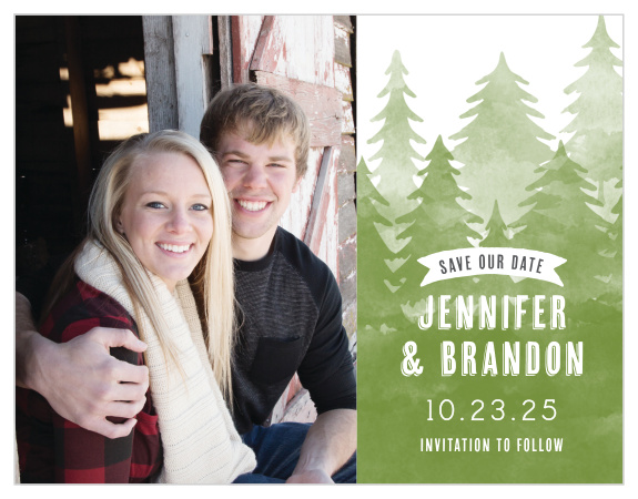 Our Woodsy Mountain Save-the-Date Magnets are a great way for you to let your loved ones know about your upcoming wedding, as well as give them a great photo of you as a couple!