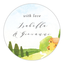 Our Tuscany Vineyard Wedding Stickers display a painted illustration of a scenic, countryside vineyard.