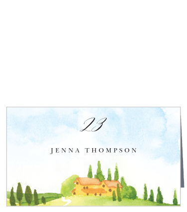 Our Tuscany Vineyard Place Cards display a painted illustration of a scenic, countryside vineyard.