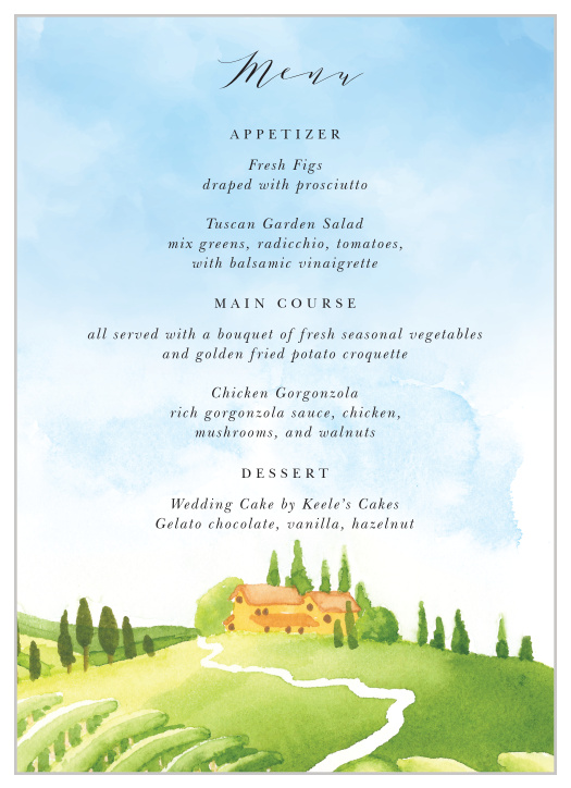 Our Tuscany Vineyard Wedding Menus display a painted illustration of a scenic, countryside vineyard.