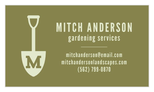 Expand your clientele list with our Garden Shovel Business Cards. The front has an illustrated logo of a shovel with your first initial within it.