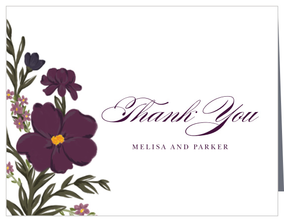 The purples, greens, and whites of our Blooming Frame Wedding Thank You Cards create a beautiful, jewel-toned color scheme.  