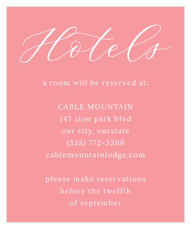 The vibrant pink of our Sweet Blossoms Accommodation Cards will match the other items in your invitation package perfectly.