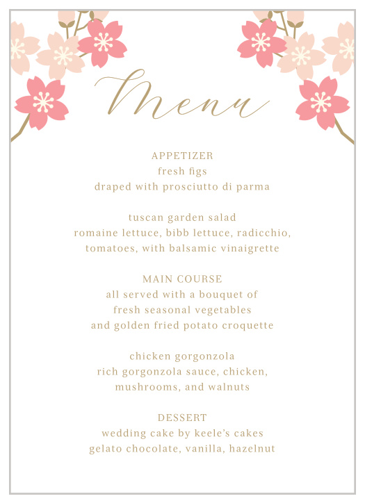 Two bundles of flowers grow from the top corners of these Sweet Blossoms Wedding Menus! 