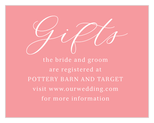 The pink and white color scheme of our Sweet Blossoms Registry Cards are the perfect complement to the floral theme of this wedding invitation package.