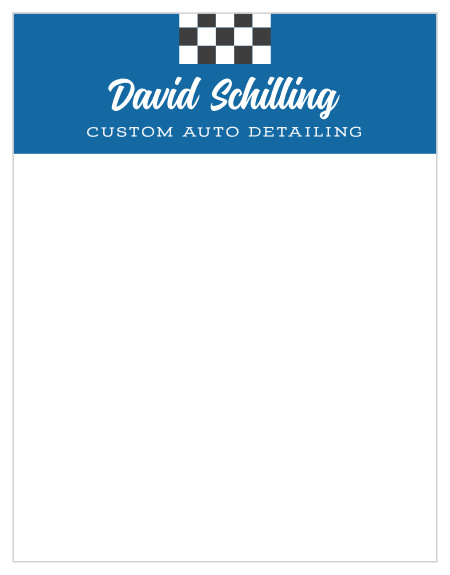 Whether you're scrawling notes, taking inventory, or writing a detailed message to a client, our Checkered Flag Business Stationery guarantee that every word is as professional as your reputation itself. A blue banner adorns the top of each white page, decorated with a checkered flag and your own contact details in a duo of white typefaces.