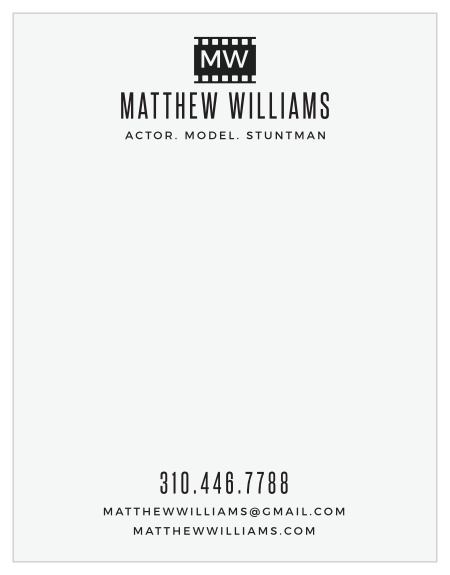Our Film Actor Business Stationery have a vintage, monogrammed, film negative set atop an ecru gray background with your name and profession stated in a modern, clean-cut print below it.