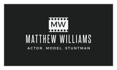 Our Film Actor Business Cards have a vintage, monogrammed, film negative e set atop a midnight gray background with your name and profession stated in a modern, clean-cut print below it.